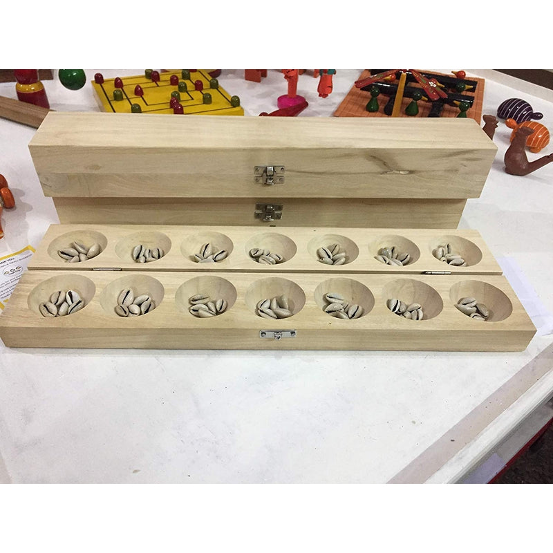 Pallanguzhi Wooden Board Game with 80 Cowrie Shells (Ali Guli Mane / Vamana Guntalu / Mancala)