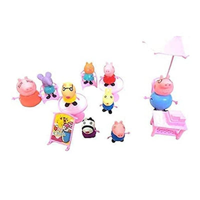 Happy Pig Family and Friends Tea Party Picnic Set with Castle (Multicolor) - Set of 9 Figures