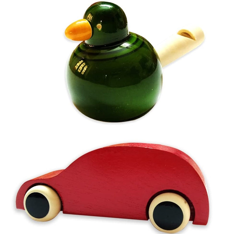 Handmade Non Toxic Channapatna Wooden Toy - Red Car and Green Whistle