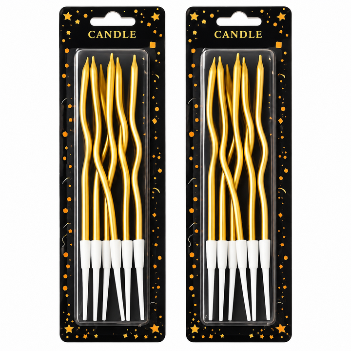 Pack of 2 Metallic Gold Spiral Birthday Cake Candles with Holders - Golden