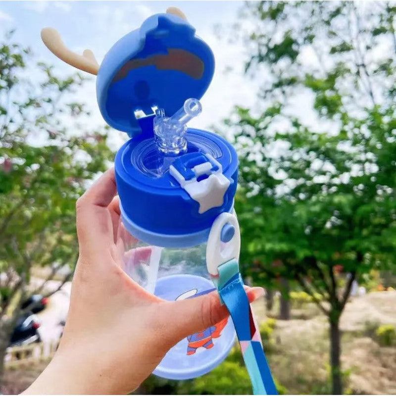 Multicolor Cartoons Printed Kids Water Bottle 550ml Capacity Cute Antler-Shaped with Straw Lid, Detachable Holding Cover Strap (Assorted Colours)