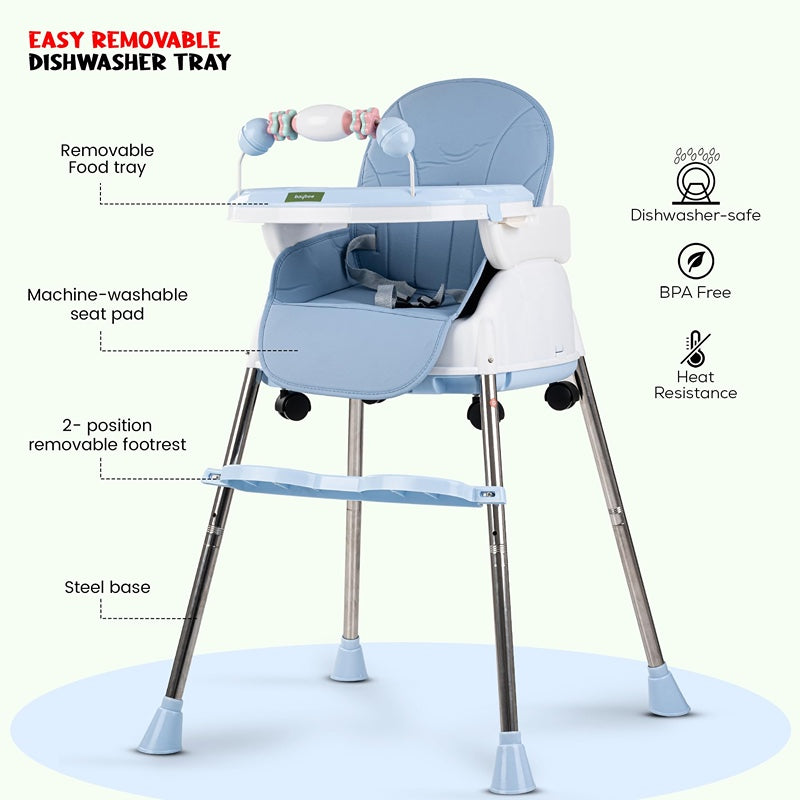 4 in 1 Nora Convertible High Chair for Kids with Adjustable Height and Footrest, Baby Toddler Feeding Booster Seat with Tray, Wheels, Safety Belt and Cushion