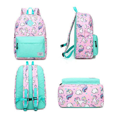 Clouds & Unicorns Matching Backpack with Lunch Bag & Stationery (Pouch Green & Pink)