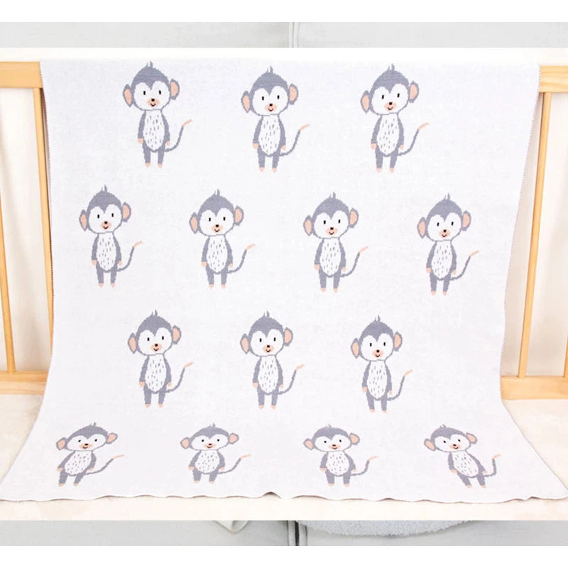 Premium Baby Blanket Knit 100% Cotton with Cute Animal Prints - Beige (Monkey Print)