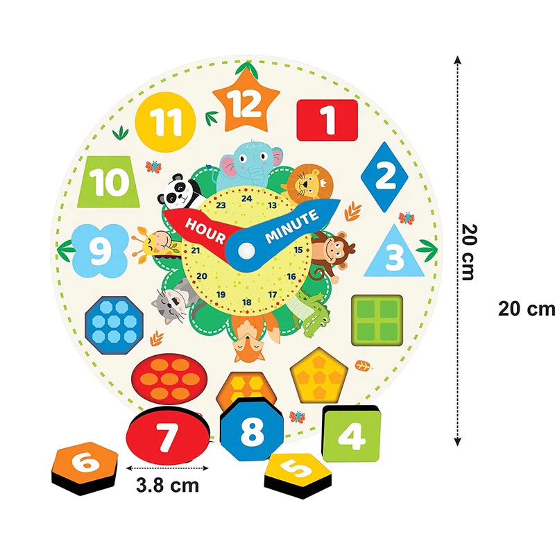 Wooden Early Educational Teaching Clock-Time & Shapes Sorting Toy for Kids, 12 Pcs (Round)