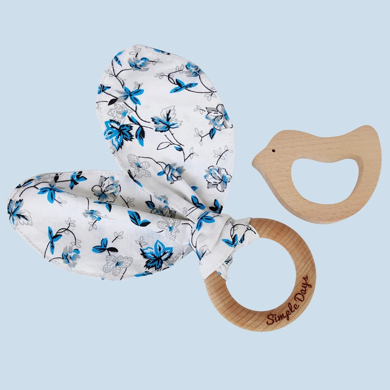 Bunny Ear Baby Teether Wooden Ring & Bird - Set of 2