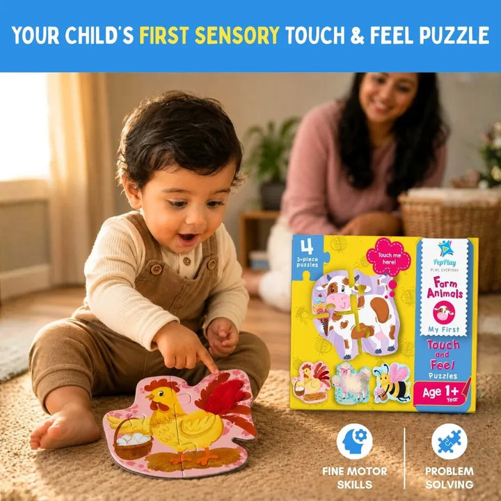 PepPlay My First Touch & Feel Puzzles - Farm Animals | Sensory Learning for Toddlers | 4 three-piece puzzles