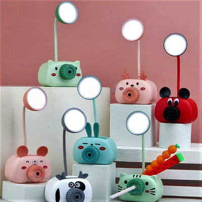 Cute Camera Style Tabletop Desk Lamp LED Light Pencil Sharpener With Holder 3 in 1 Multifunction White Shade Study Lamps (Assorted Colors)