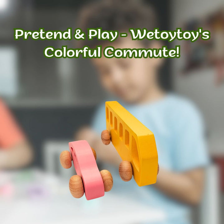 Colourful Commute Wooden Cars Combo of Two | Yellow School Van and Pink car | Push Pull Toy