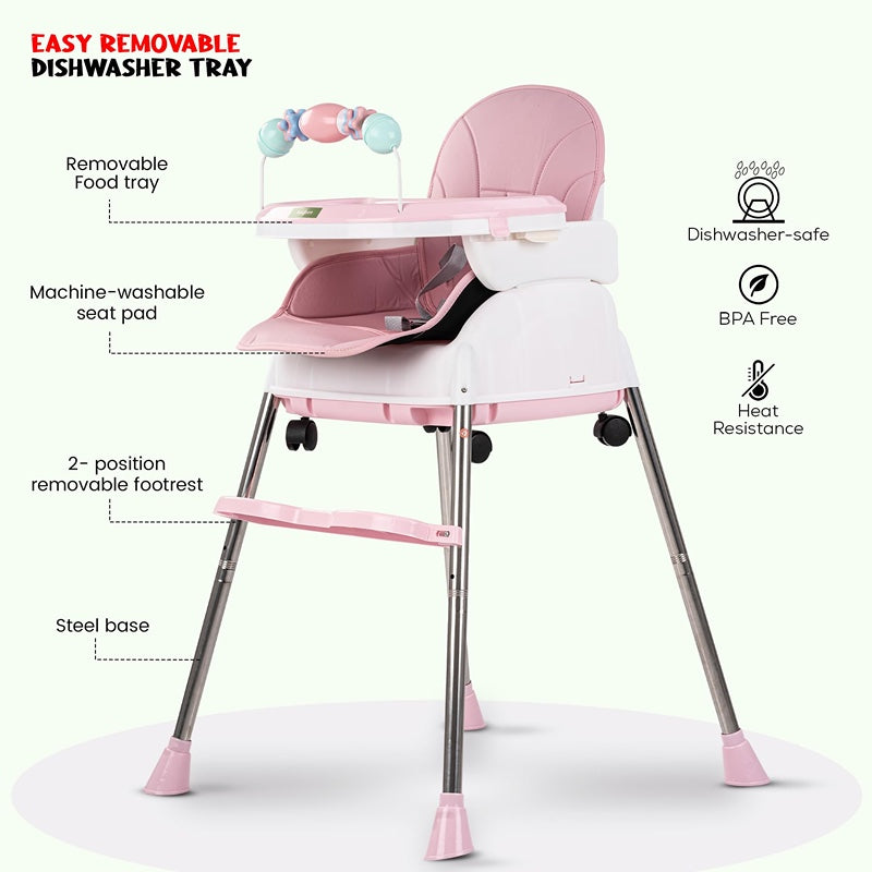 4 in 1 Nora Convertible High Chair for Kids with Adjustable Height and Footrest, Baby Toddler Feeding Booster Seat with Tray, Wheels, Safety Belt and Cushion