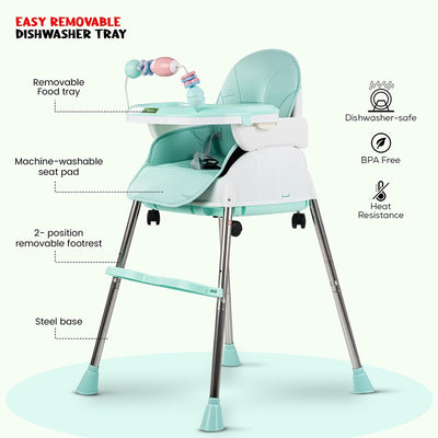 4 in 1 Nora Convertible High Chair for Kids with Adjustable Height and Footrest, Baby Toddler Feeding Booster Seat with Tray, Wheels, Safety Belt and Cushion