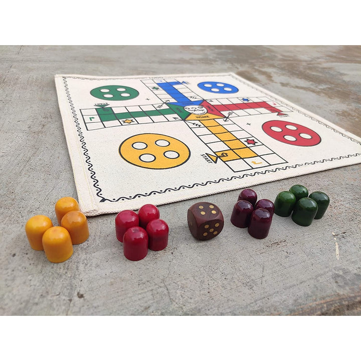 Ludo / Pachisi Board Game with Wooden Pawns and Dice (Hand Crafted Cloth Board )