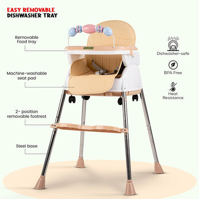 4 in 1 Nora Convertible High Chair for Kids with Adjustable Height and Footrest, Baby Toddler Feeding Booster Seat with Tray, Wheels, Safety Belt and Cushion