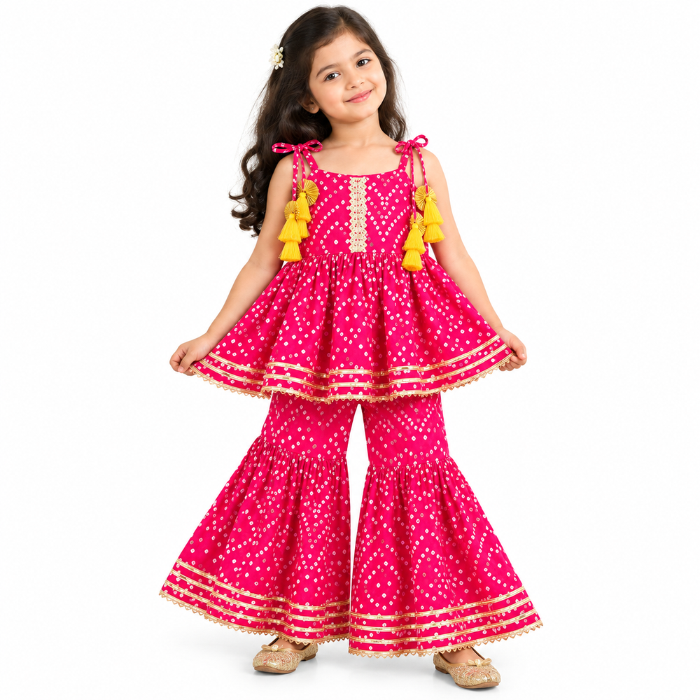 Saka Designs Girls Magenta Bandhani Printed Peplum Sharara Set | Shoulder Tie-Up with Yellow Tassels | Traditional Festive & Wedding Wear