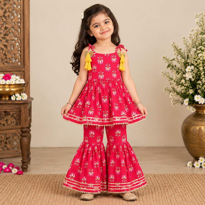 Saka Designs Girls Red Lotus Printed Peplum Sharara Set | Shoulder Tie-Up with Tassels | Traditional Festive & Wedding Wear