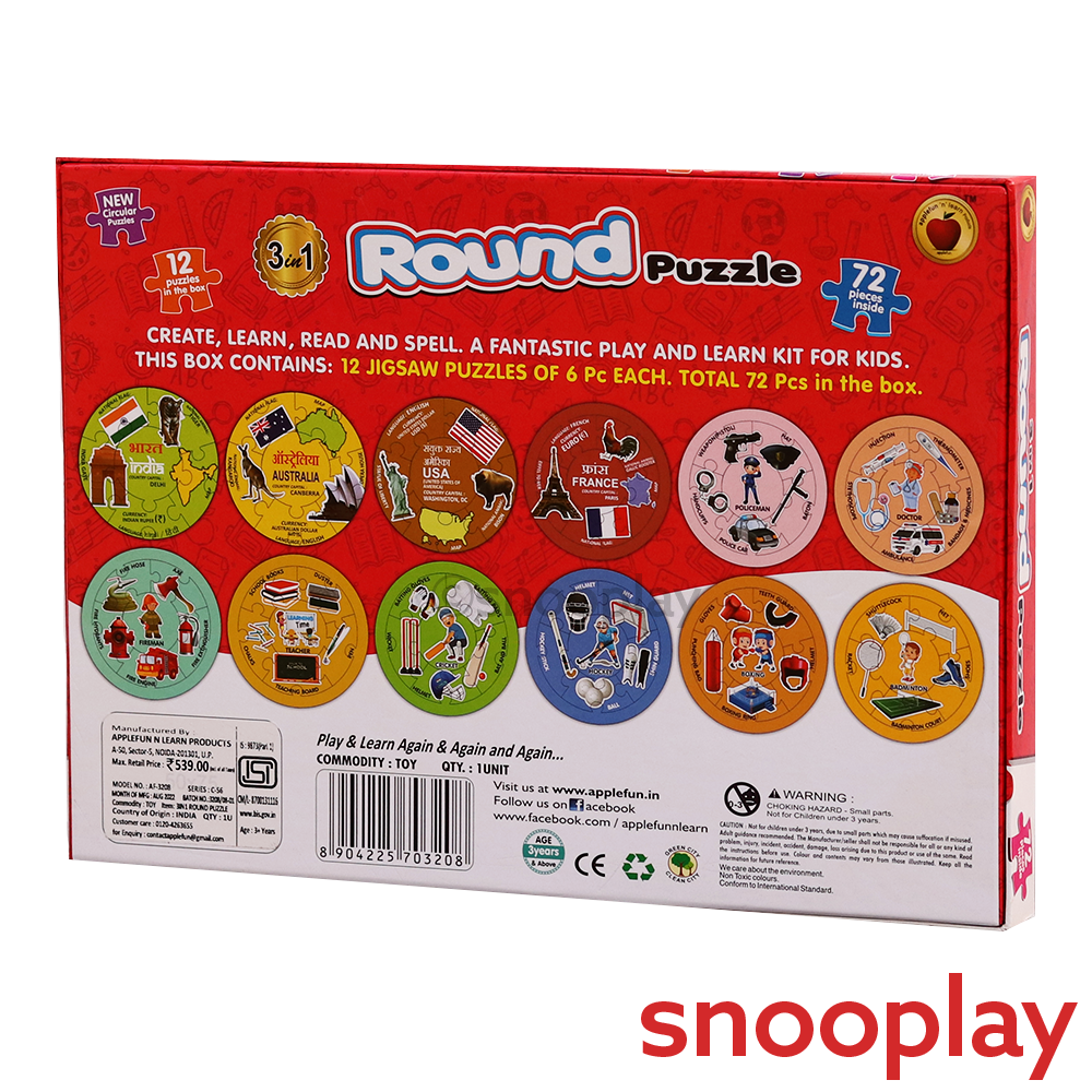 Applefun 'n' learn 3 In 1 Big Size Round Puzzle - 72 Pieces (5-6 Years)