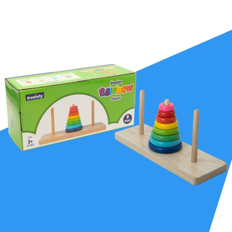 Wooden Rainbow Tower | Tower of Hanoi | Premium 8 Rings Multicolor Stacking Puzzle Toy for Kids, Children & Adults | Challenging Brain Teaser Development Early Educational Learning Game