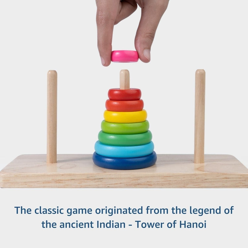 Wooden Rainbow Tower | Tower of Hanoi | Premium 8 Rings Multicolor Stacking Puzzle Toy for Kids, Children & Adults | Challenging Brain Teaser Development Early Educational Learning Game