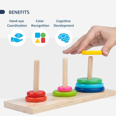 Wooden Rainbow Tower | Tower of Hanoi | Premium 8 Rings Multicolor Stacking Puzzle Toy for Kids, Children & Adults | Challenging Brain Teaser Development Early Educational Learning Game