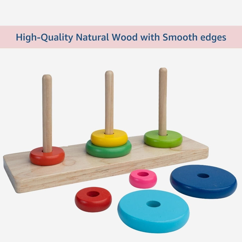 Wooden Rainbow Tower | Tower of Hanoi | Premium 8 Rings Multicolor Stacking Puzzle Toy for Kids, Children & Adults | Challenging Brain Teaser Development Early Educational Learning Game