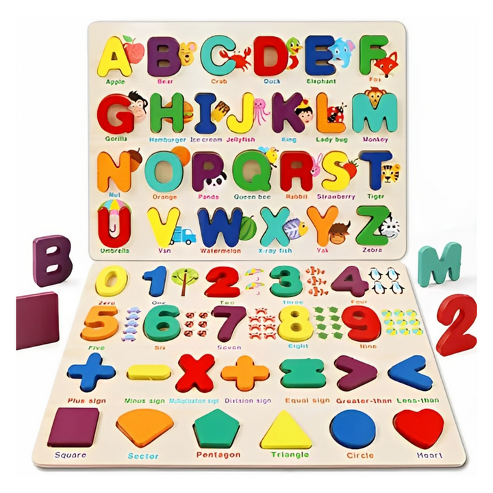 Alphabet & Number Learning Board | 2 in 1 Preschool Early Educational Montessori Creative Interactive Game | Wooden Learning Puzzle Toy for Kids Children Boys Girls