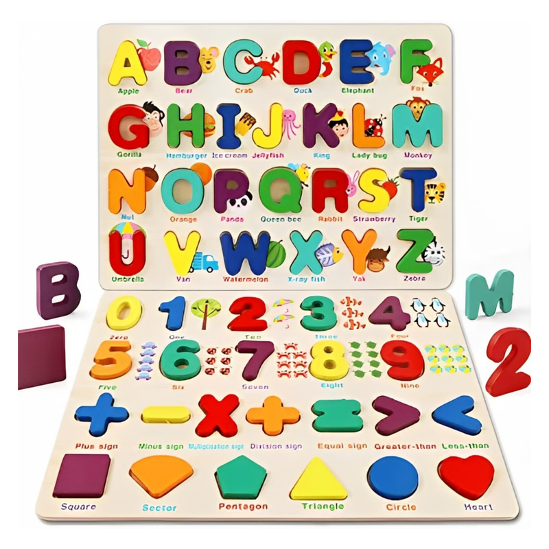 Alphabet & Number Learning Board | 2 in 1 Preschool Early Educational Montessori Creative Interactive Game | Wooden Learning Puzzle Toy for Kids Children Boys Girls