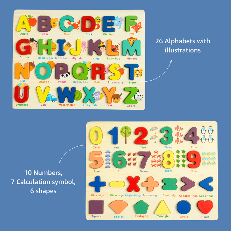 Alphabet & Number Learning Board | 2 in 1 Preschool Early Educational Montessori Creative Interactive Game | Wooden Learning Puzzle Toy for Kids Children Boys Girls