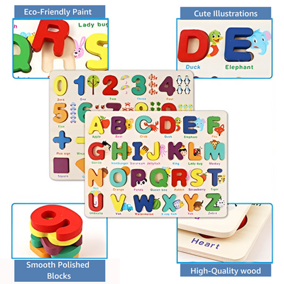 Alphabet & Number Learning Board | 2 in 1 Preschool Early Educational Montessori Creative Interactive Game | Wooden Learning Puzzle Toy for Kids Children Boys Girls
