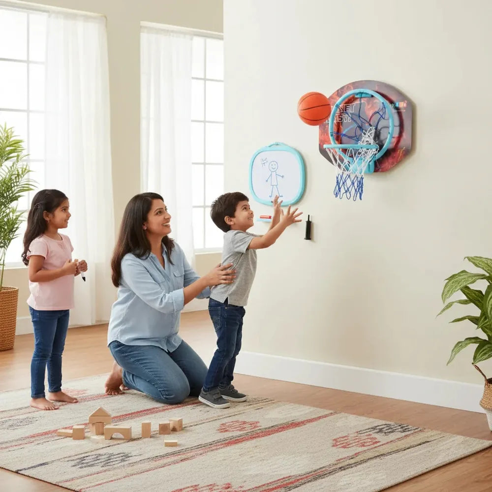 SIMARR Kats 3-in-1 Wall Mount Basketball Set | Indoor Basketball Hoop with Ball & Accessories