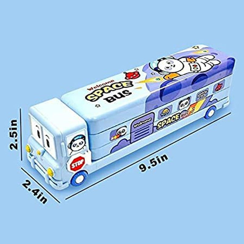 Cartoon Printed School Bus Metal Pencil Box with Moving Tyres and Sharpner (Blue-Pack of 1)