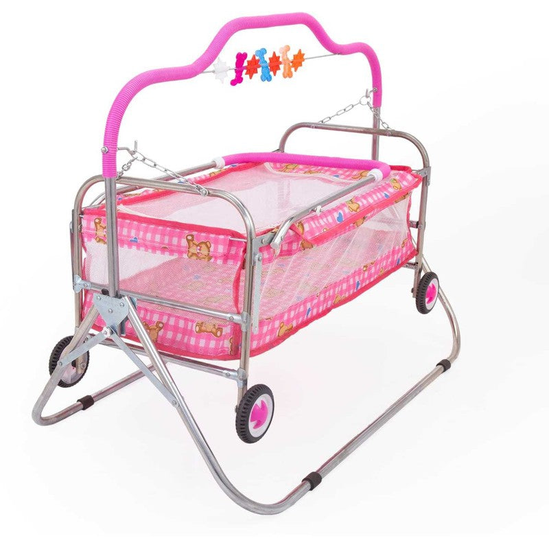 Maanit New born baby cradle With Swing bassinet Cum Stroller (Pink)