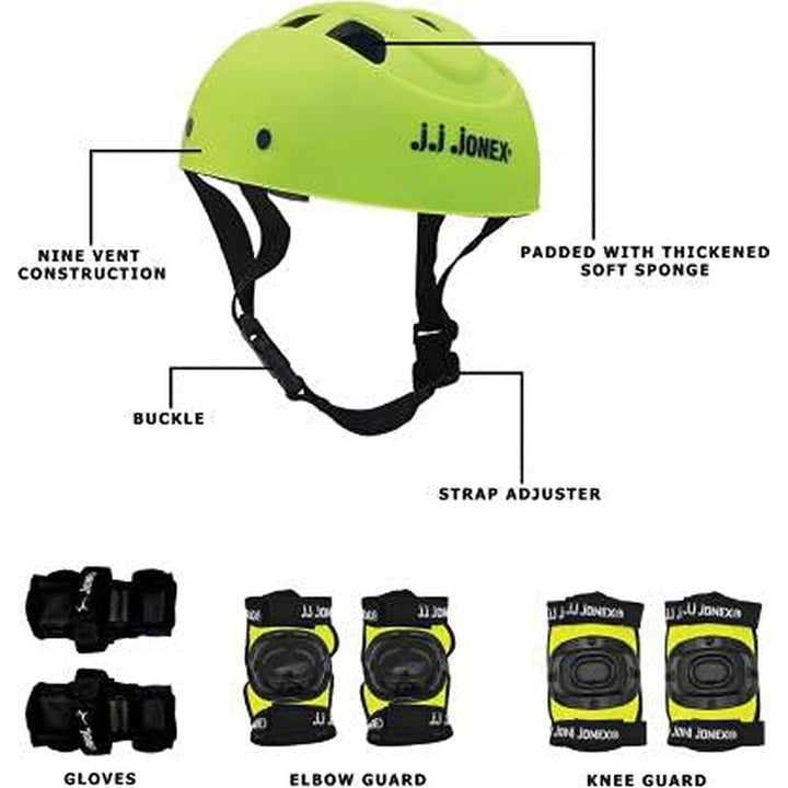 JJ Jonex Gold Adjustable Skates Combo (Green PVC Helmet + Knee pad + Elbow pad + Gloves + Key + Bag) (MYC) | Medium | 6-11 Years