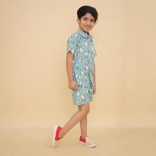 Little Ginnie Half Sleeve Shirt & Shorts for Kids | Coord Set | Animal Print - Blue