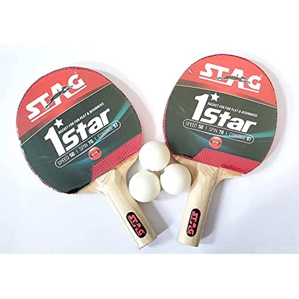 STAG ICONIC 1 Star Table Tennis Playset, 2 Racquets & 3 Balls (White)