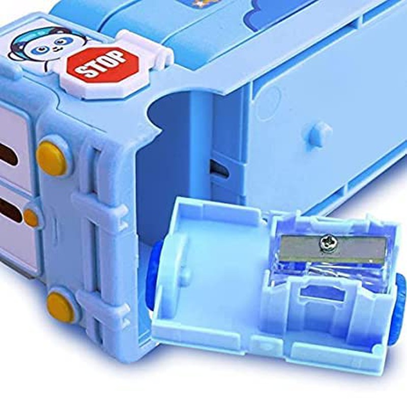 Cartoon Printed School Bus Metal Pencil Box with Moving Tyres and Sharpner (Blue-Pack of 1)