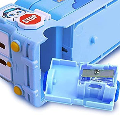 Cartoon Printed School Bus Metal Pencil Box with Moving Tyres and Sharpner (Blue-Pack of 1)