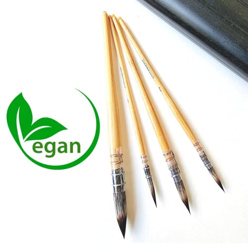 Set of 4 Synthetic Vegan Paint Brushes | Handmade Quill, Mop, Wash | Wood |Yellow | Standard