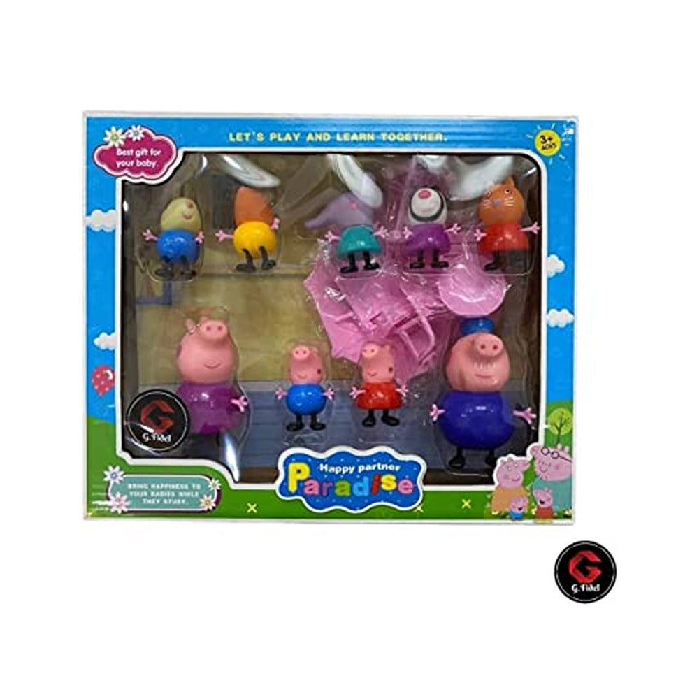 Happy Pig Family and Friends Tea Party Picnic Set with Castle (Multicolor) - Set of 9 Figures