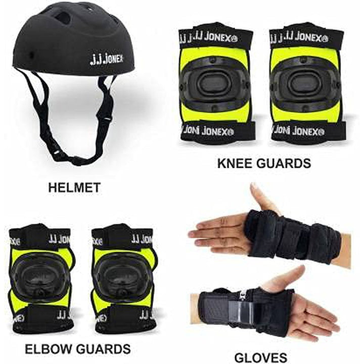 JJ Jonex Gold Adjustable Skates Combo (Helmet + Knee pad + Elbow pad + Gloves + Key + Bag) (MYC) | Large | Green/Black | 11 Years and Above