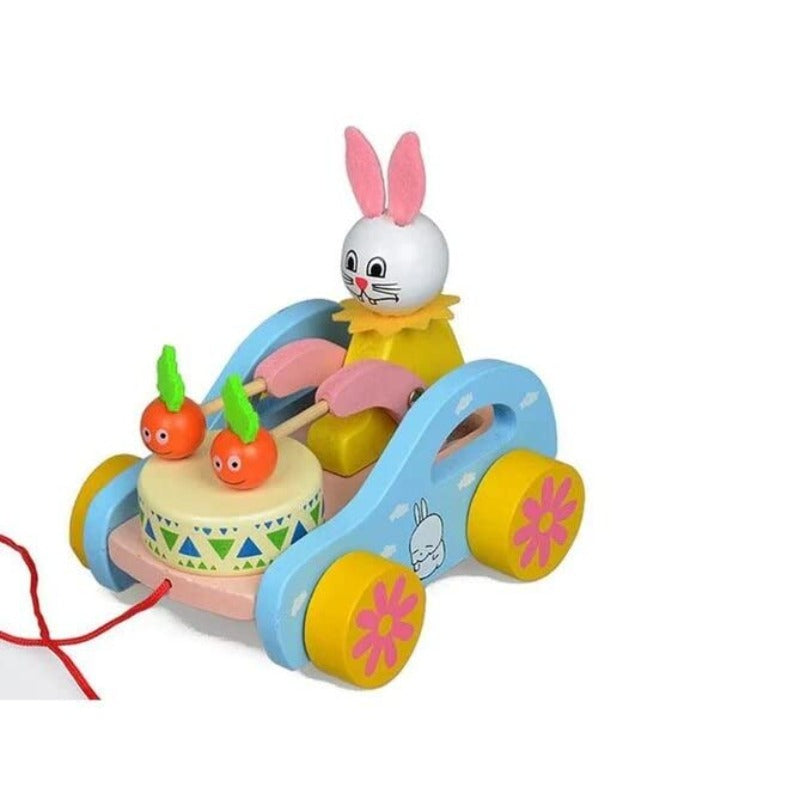 Wooden Drum Musical Pull Along Toy | Baby Early Walking Pull Toy (Rabbit)