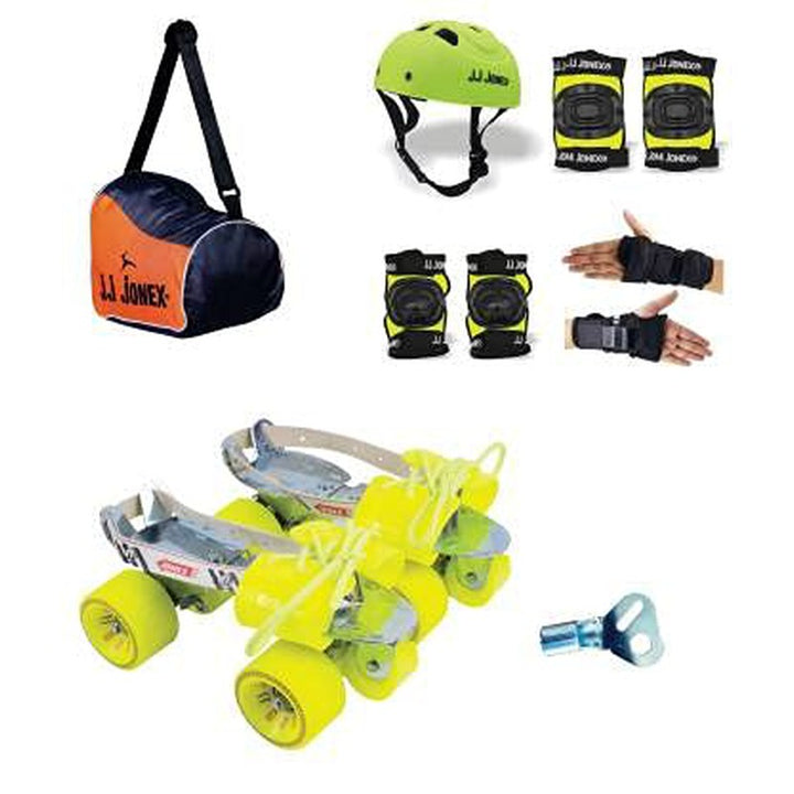 JJ Jonex Gold Adjustable Skates Combo (Green PVC Helmet + Knee pad + Elbow pad + Gloves + Key + Bag) (MYC) | Medium | 6-11 Years