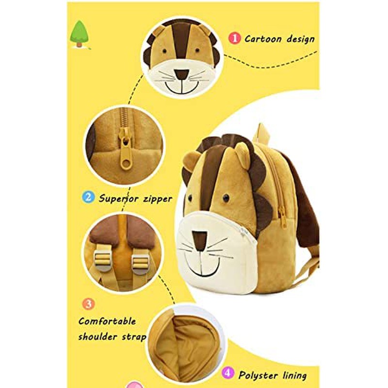 Premium Quality Soft Design Brown Lion Shape School Bag for Kids - 14 Inches