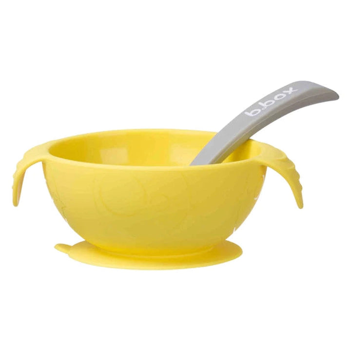 Silicone Suction Feeding Bowl Set with Spoon Lemon Sherbet Yellow Grey