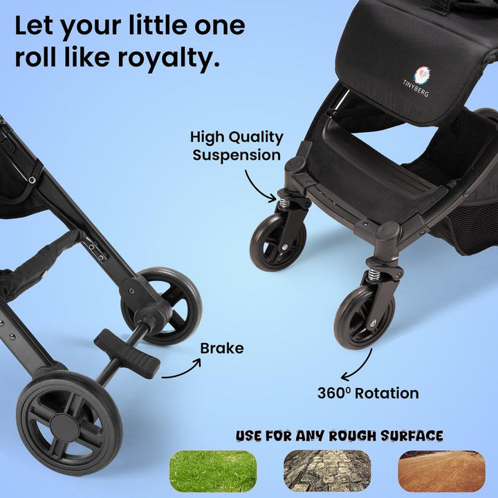 Tinyberg Baby Stroller with Shock Absorber Function | 360° Swivel Wheel | 5-Point Seat Belt and Large Storage Basket | Upto 25 Kg | B-wagon