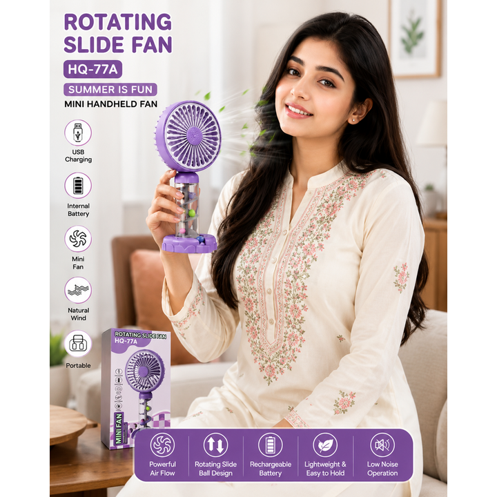Rotating Slide Mini Handheld Fan | USB Rechargeable Portable Fan with Moving Ball Design
