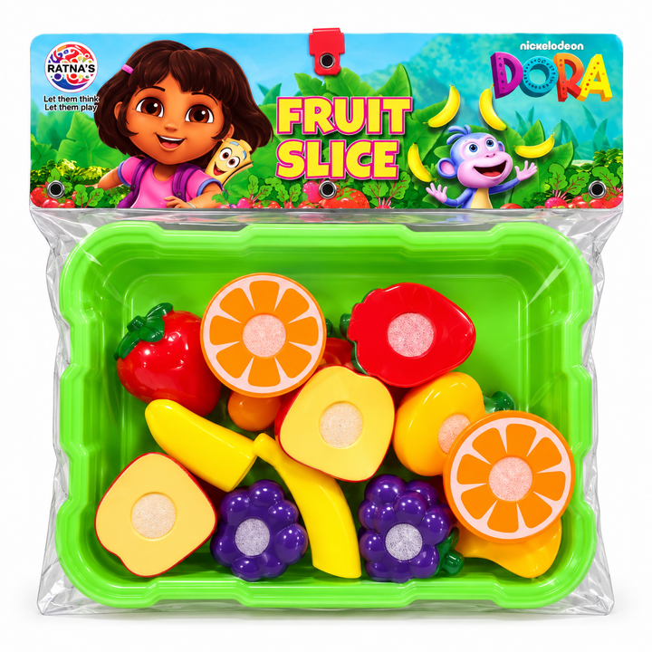 Ratnas Dora Fruit Slice Toy Set for Kids – Realistic Sliceable Play Food Kitchen Set with Storage Tray | Pretend Play