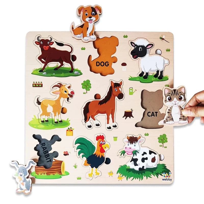 Wooden Farm Animals Montessori Educational Pre-School Puzzle Board (2-4 Years)