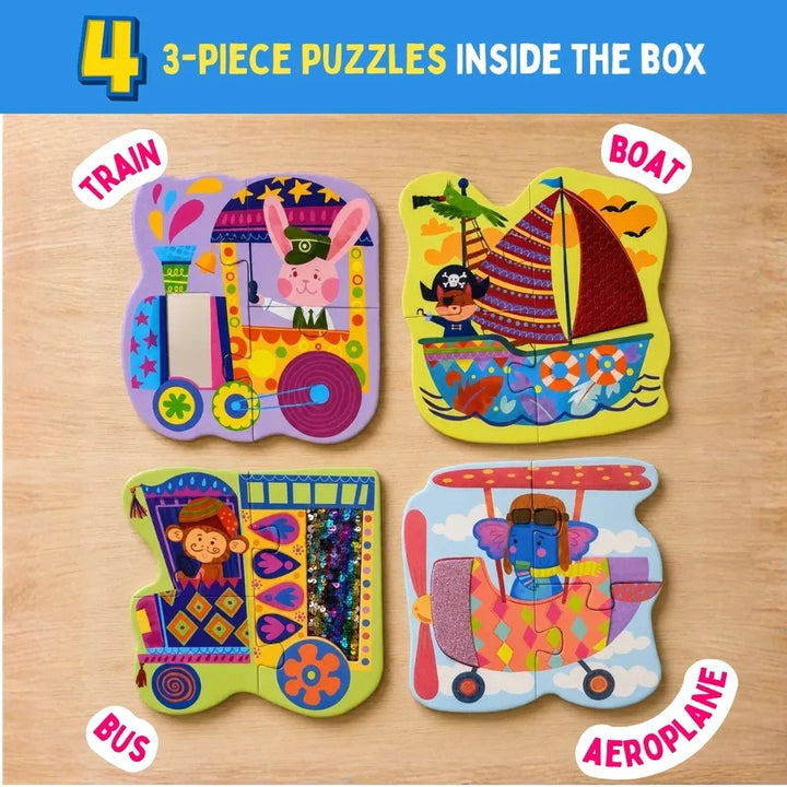 PepPlay My First Touch & Feel Puzzles - Colourful Vehicles | Sensory Learning for Toddlers | 4 three-piece puzzles