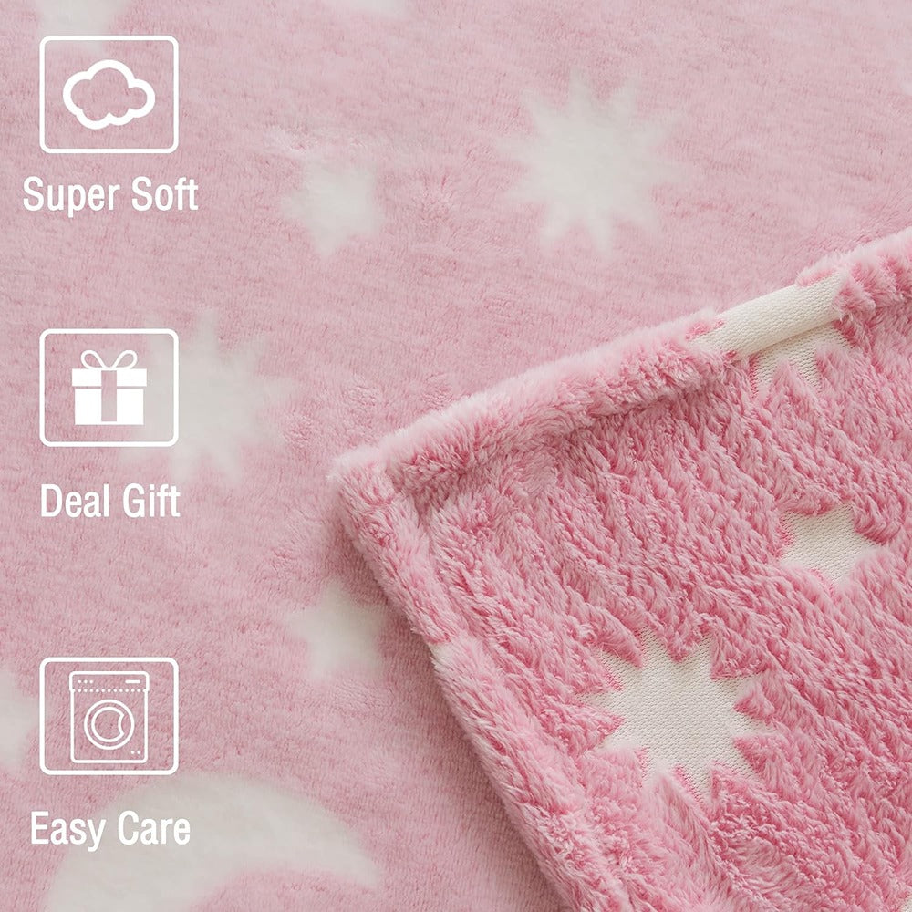 Stars and Moon Fluffy Luminous Glow in Dark Blanket | Pink |