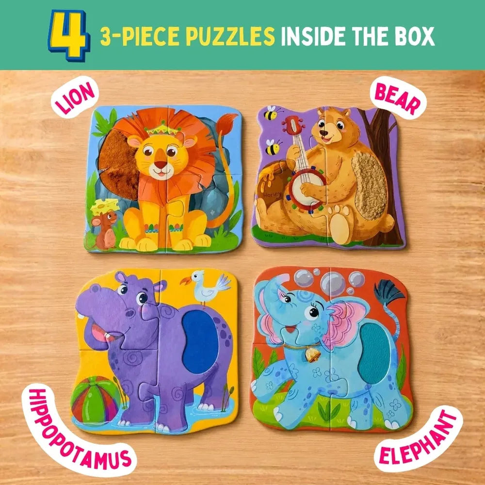 PepPlay My First Touch & Feel Puzzles - Wild Animals | Sensory Learning for Toddlers | 4 three-piece puzzles